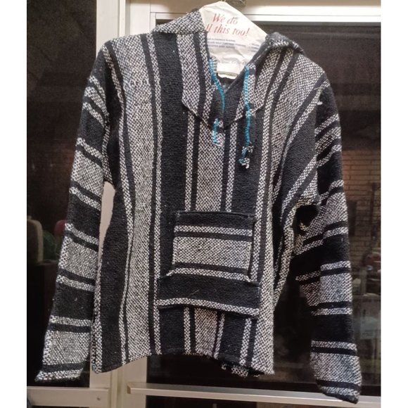 Vel-Mex Hooded Baja Boho Hippie Pullover Sweater Small Black & White Stripes - Picture 4 of 4